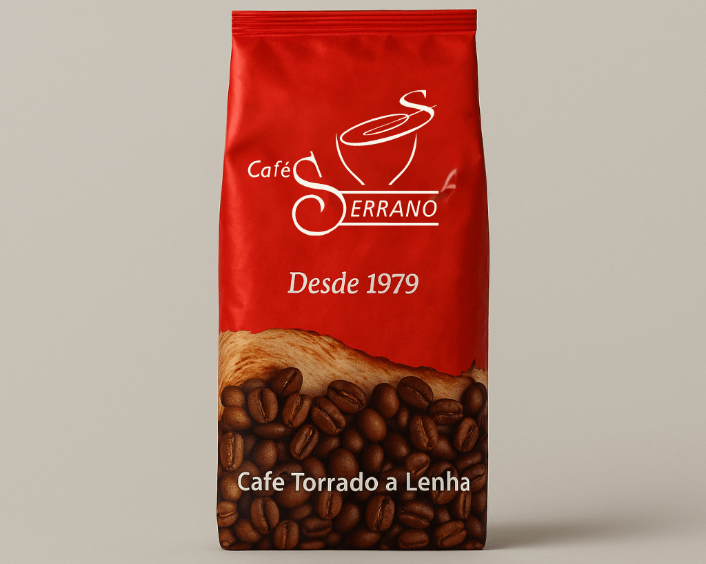 Embalagem de café em grão torrado a lenha Cafés Serrano