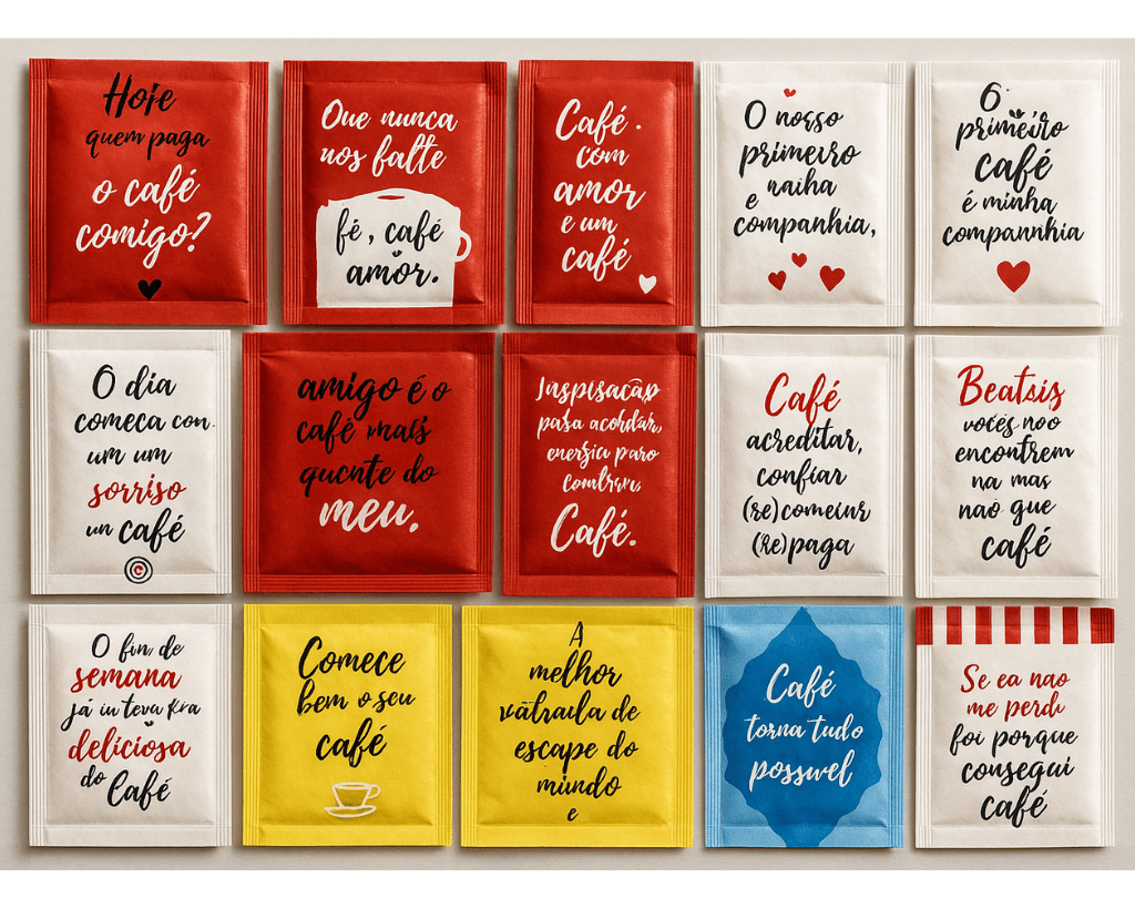 Pacotes de açúcar com frases inspiradoras – Cafés Serrano